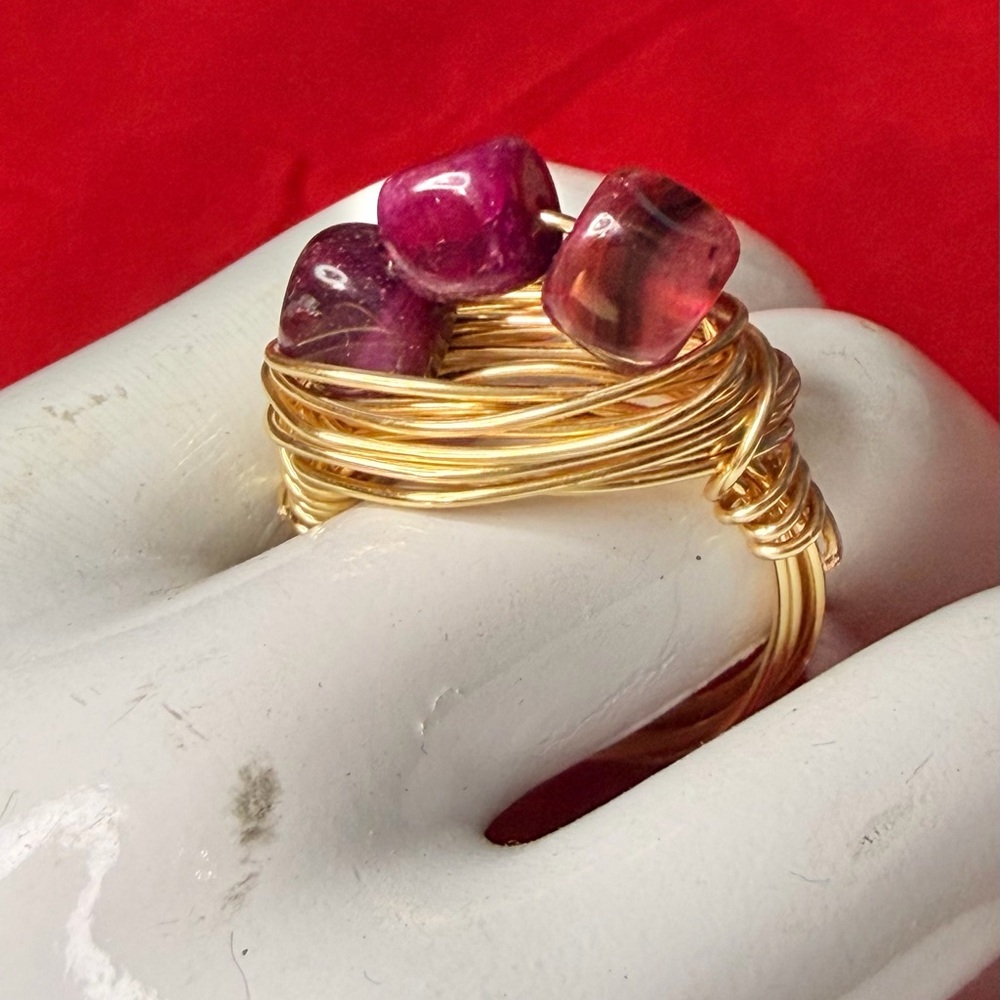 Wire Wrapped Artisan Ring gold tone and fuchsia wrapped beads or stones